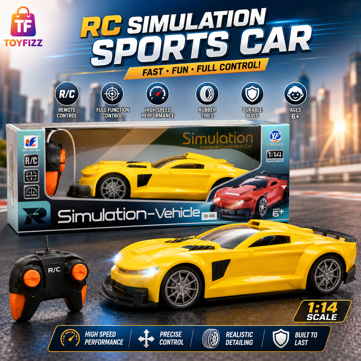 1:14 Remote Control Sports Car with USB Charging - Yellow - Ages 6+
