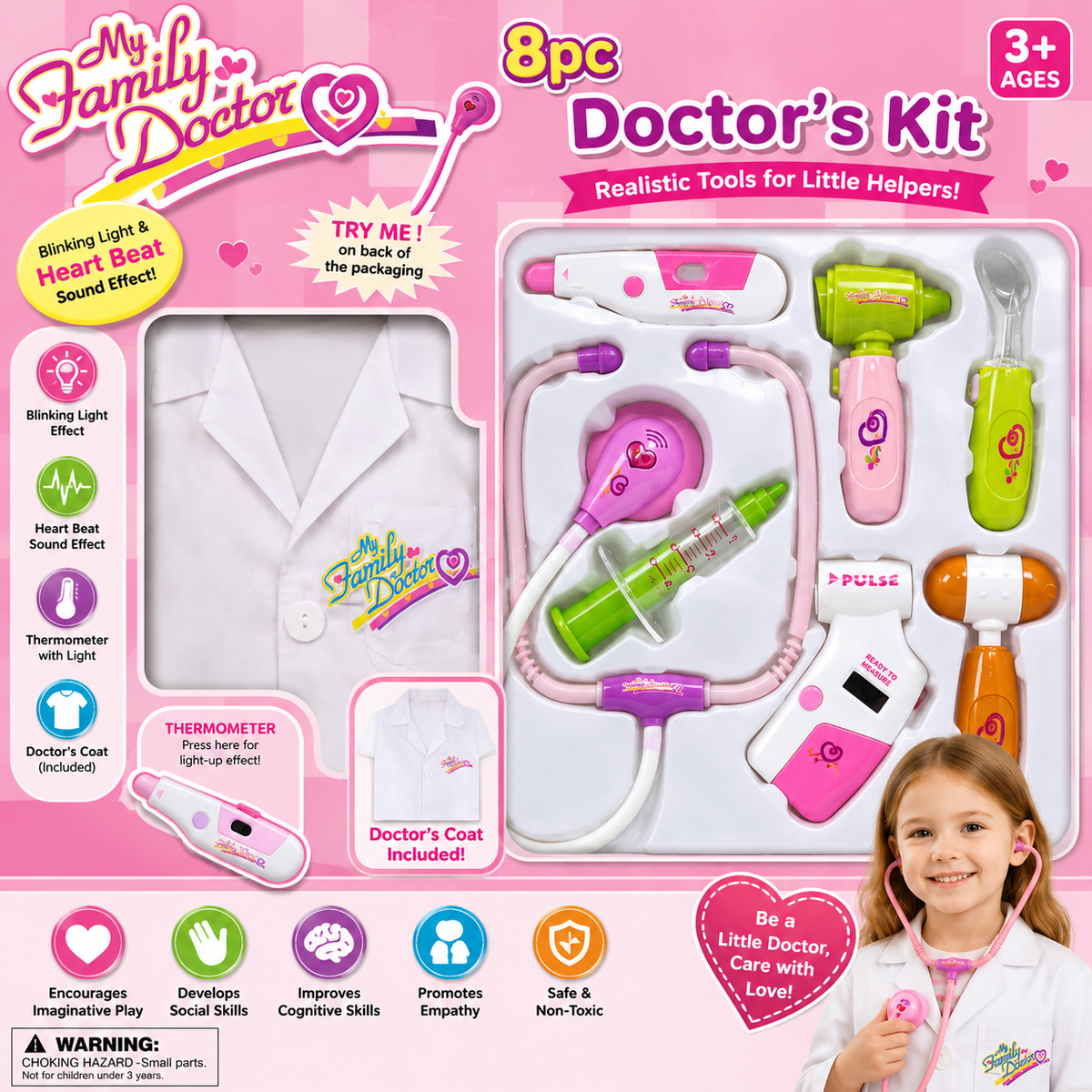 10 Piece Musical Doctor Playset - Pink - for Kids