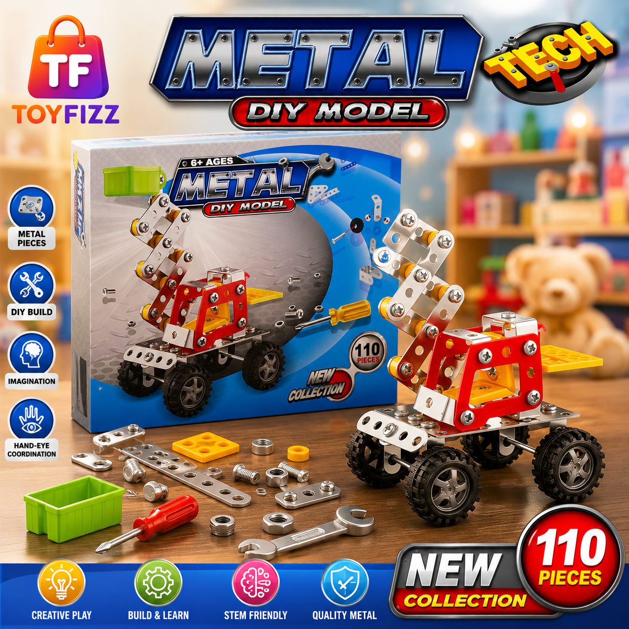 110 Piece Metal Construction Vehicle Building Set - Age 8+