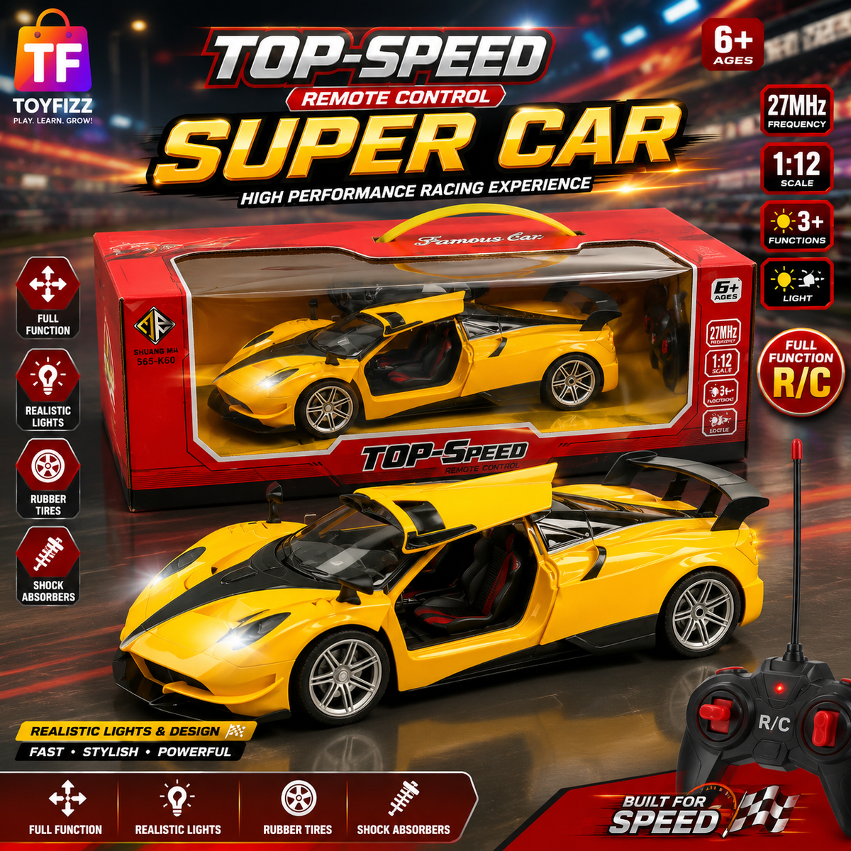 1:12 Remote Control Open-Door Sports Car - Yellow - Ages 8+