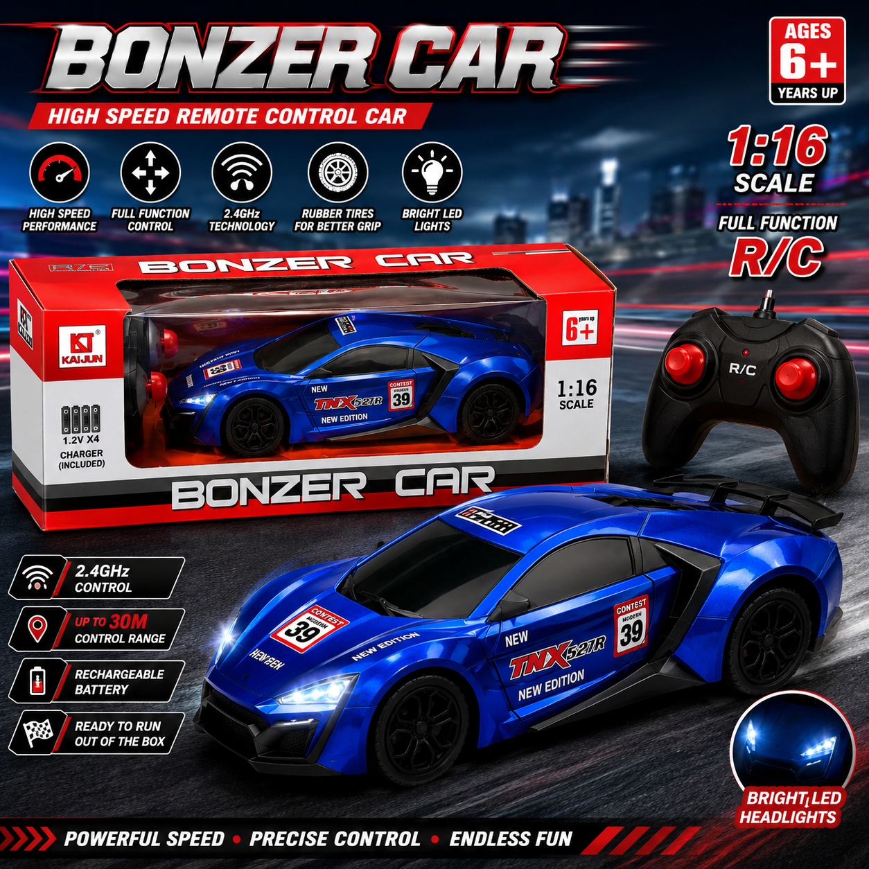 1:16 Remote Control Bonzer Sports Car - Blue - Ages 6+