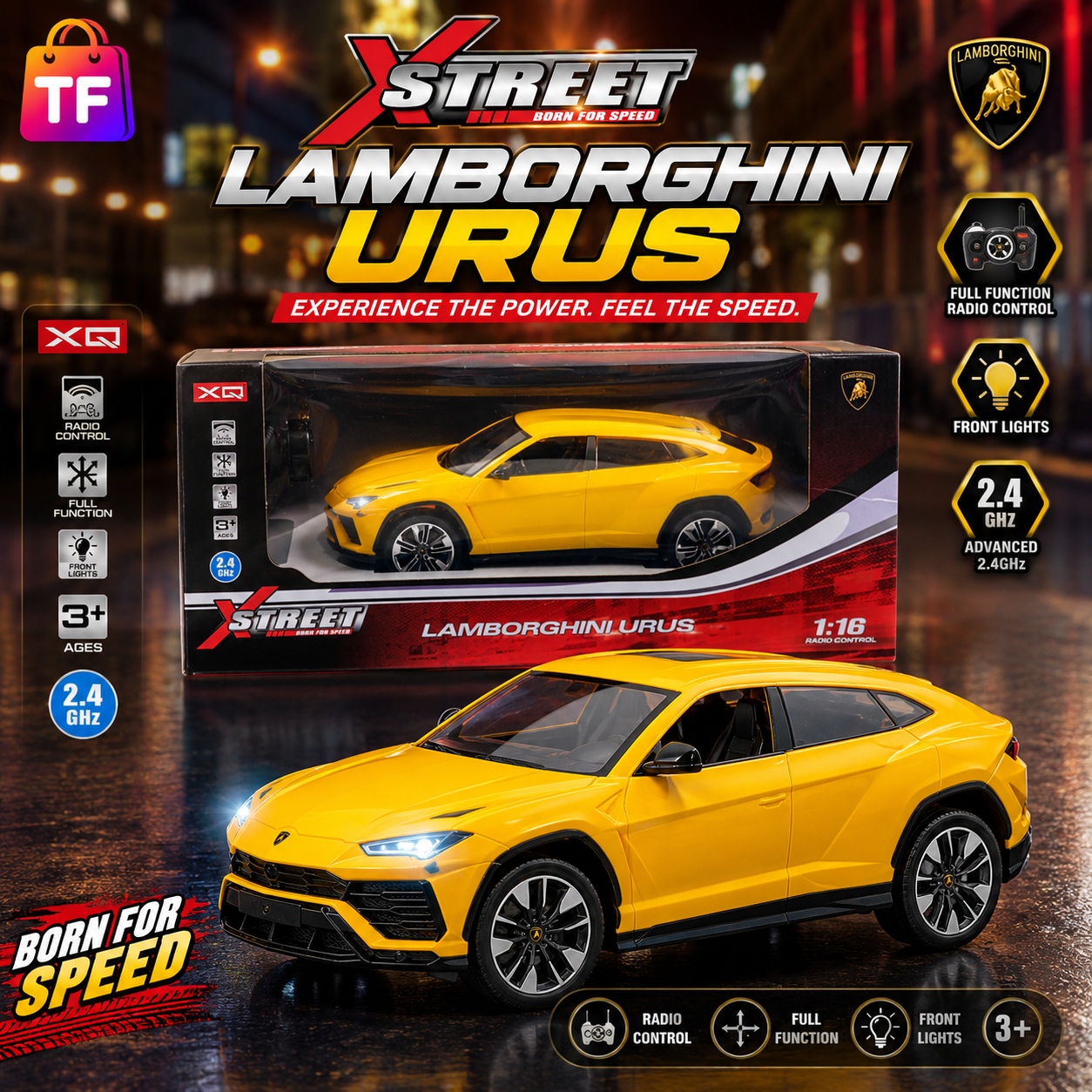 1:16 Remote Control Lamborghini Urus with USB Charging - Yellow - Ages 8+