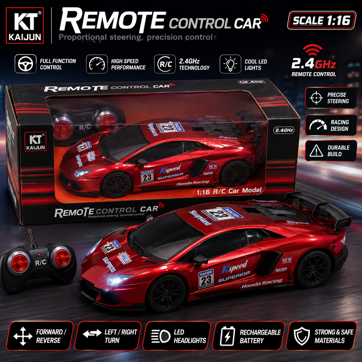 1:16 Remote Control Speed Racing Car - Red - Ages 6+