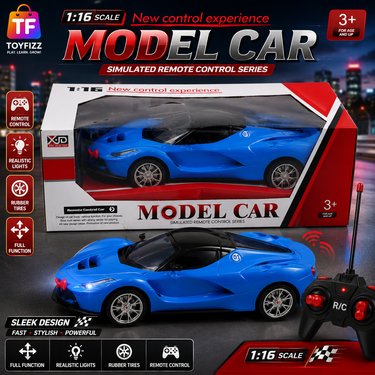 1:16 Remote Control Sports Car with USB Charging - Blue - Ages 3+