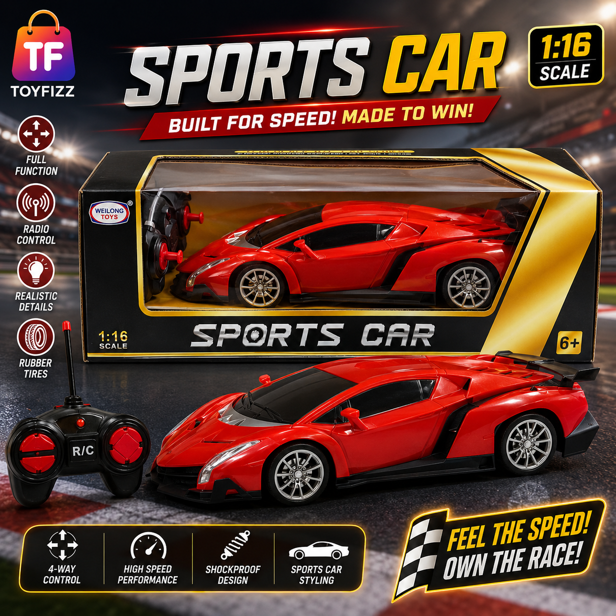 1:16 Remote Control Sports Car with USB Charging - Red - Ages 6+