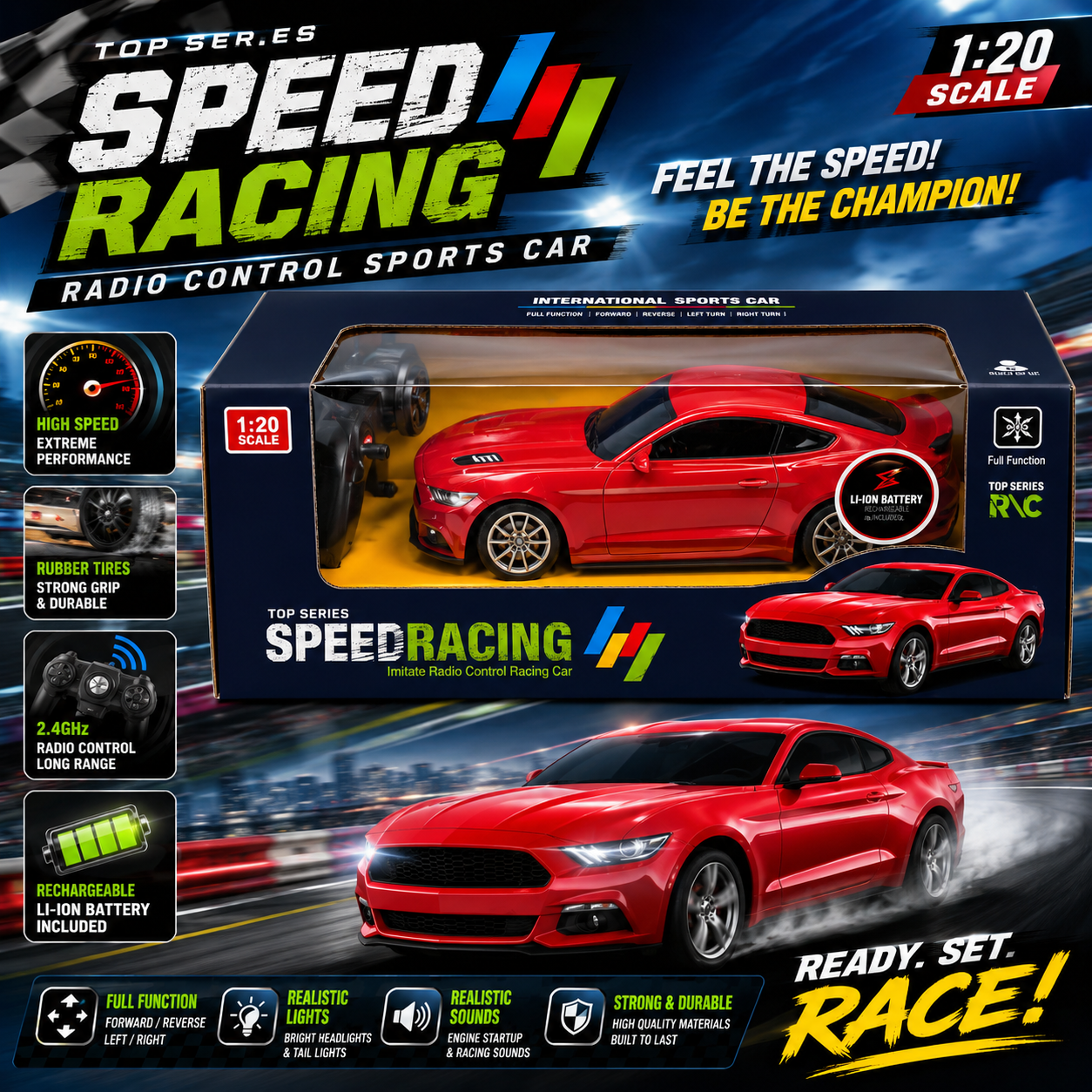 1:20 Remote Control Chevrolet Sports Car with USB Charging - Red