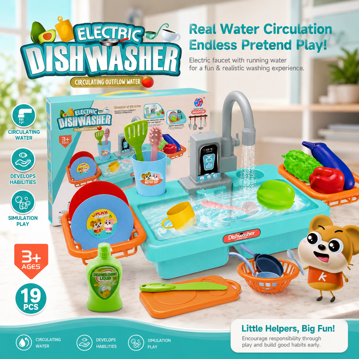 19 Piece Electronic Dishwasher Sink Playset - Ages 3+