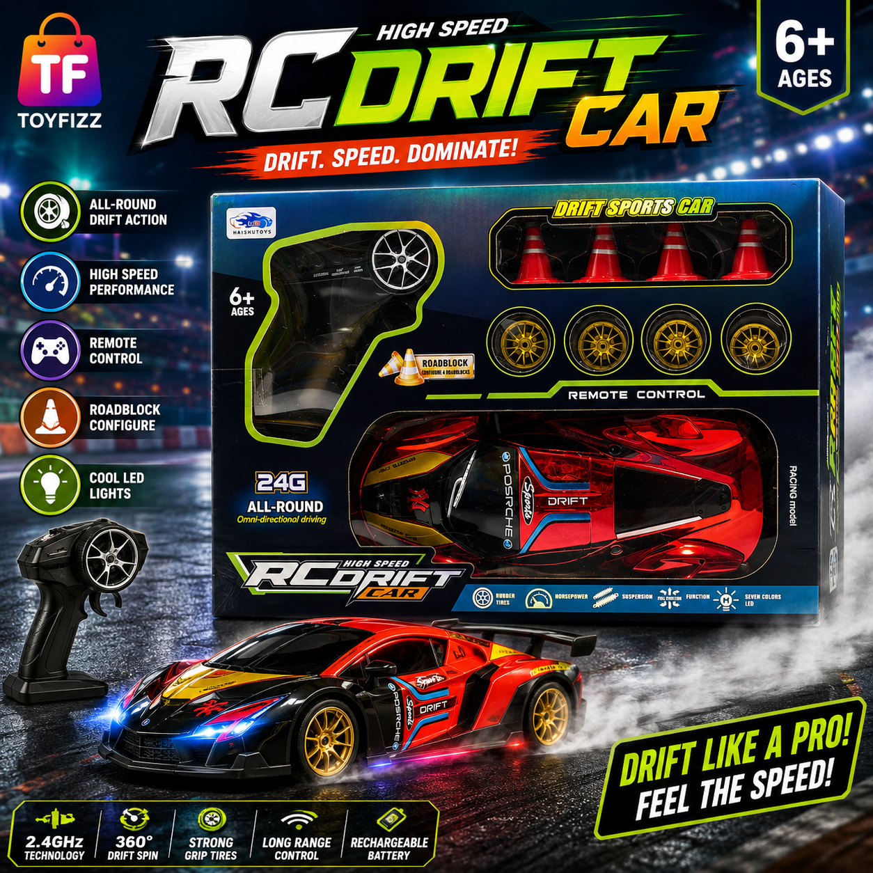 2.4GHz Remote Control Drift Sports Car with USB Charging - Ages 6+