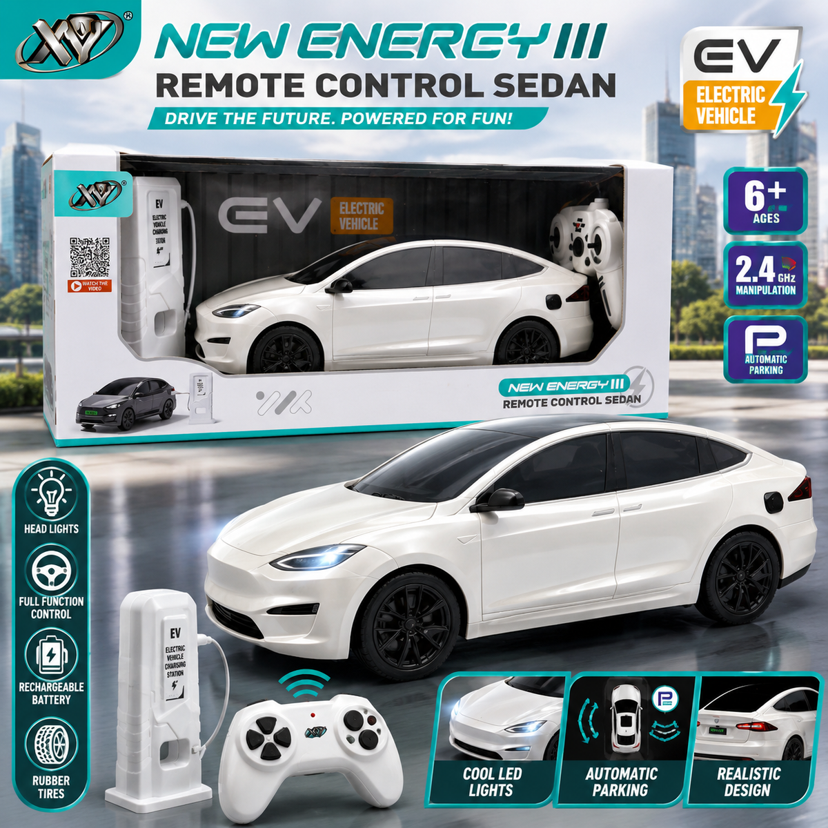 2.4GHz Remote Control Electric Sedan with USB Charging - White - Ages 6+
