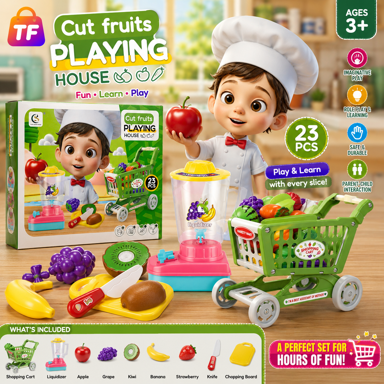 23 Piece Fruit Cutting Cart Pretend Play Set