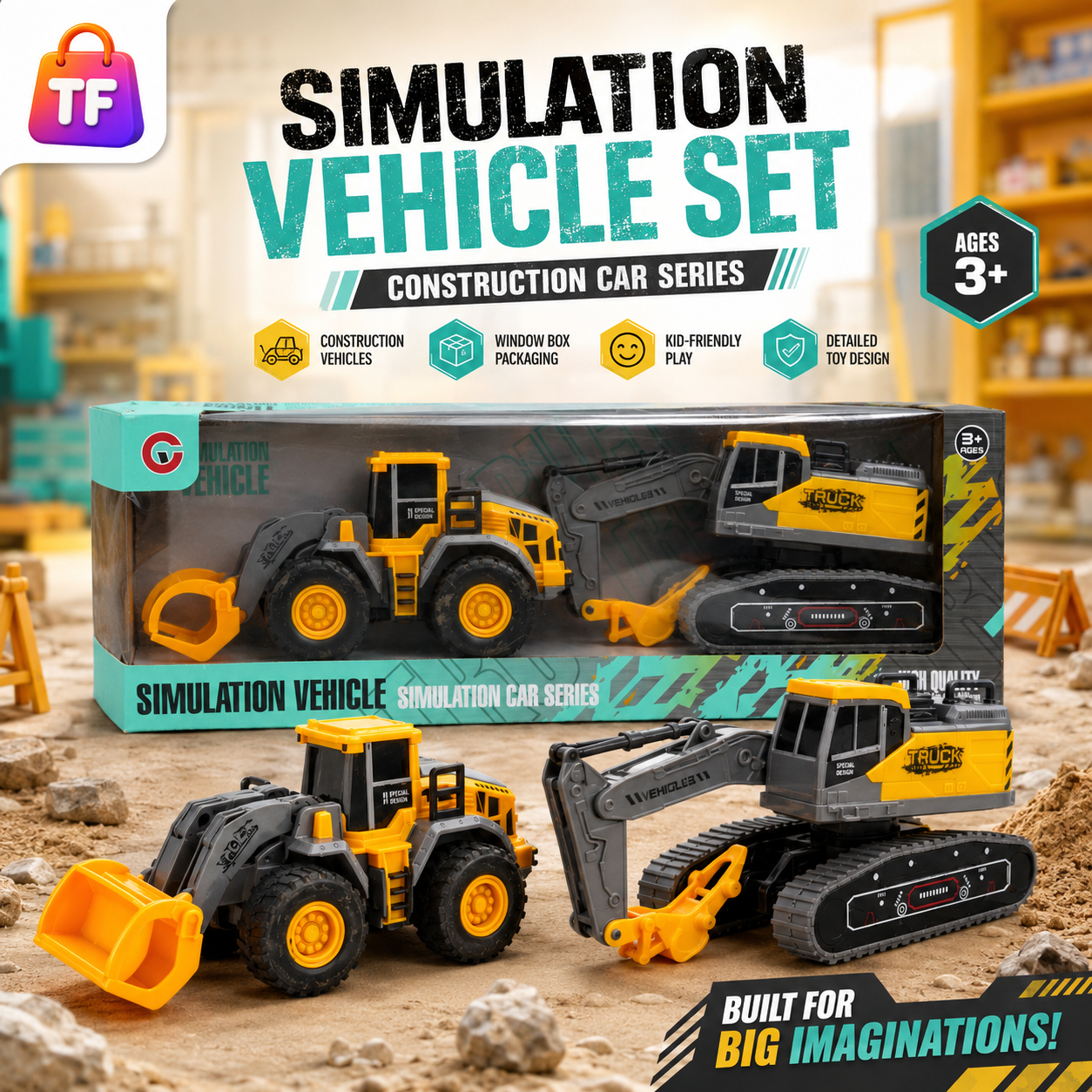 2 Piece Friction-Powered Construction Truck Set - Ages 3+