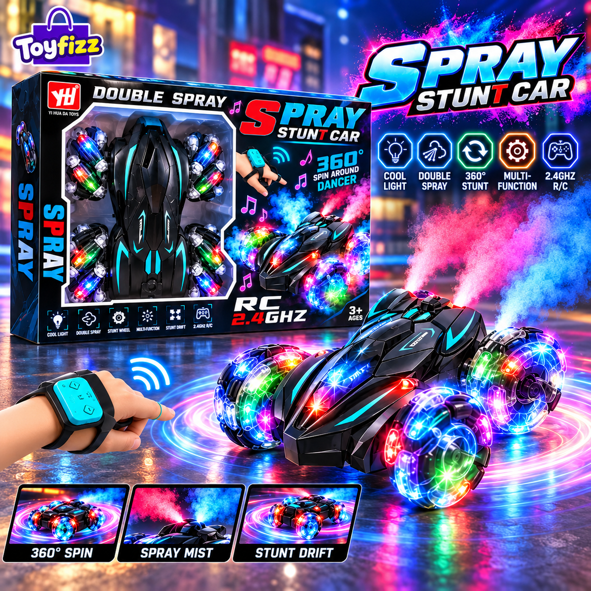 360-Degree Remote Control Spray Stunt Car with USB Cable