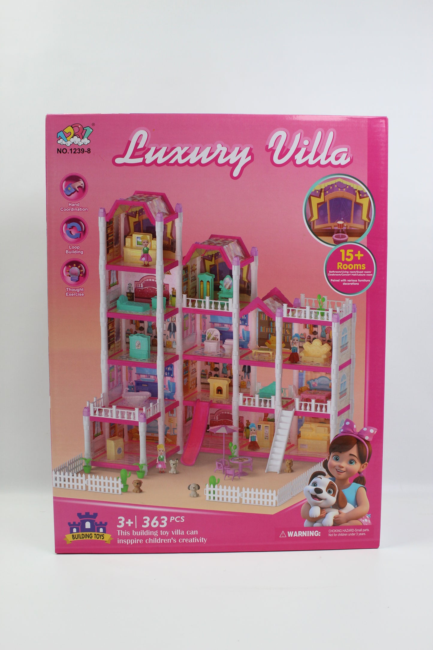 363 Piece Luxury Villa Dollhouse Building Set with 15+ Rooms - Ages 3+