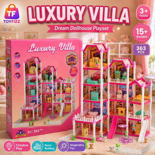 363 Piece Luxury Villa Dollhouse Building Set with 15+ Rooms - Ages 3+