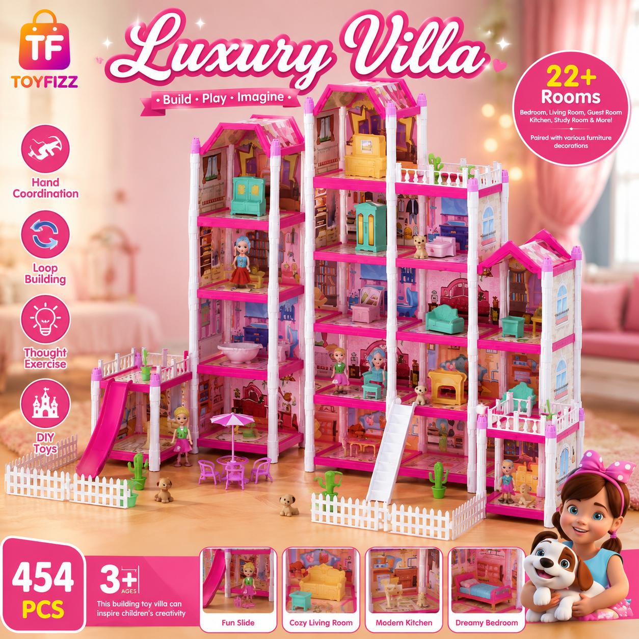 454 Piece Luxury Villa Dollhouse Building Set with 22+ Rooms - Ages 3+