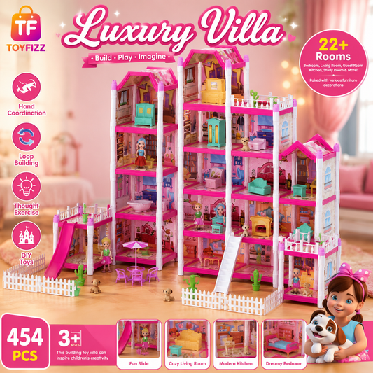 454 Piece Luxury Villa Dollhouse Building Set with 22+ Rooms - Ages 3+