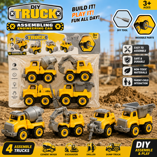 4 Piece DIY Construction Truck Set - Ages 3+