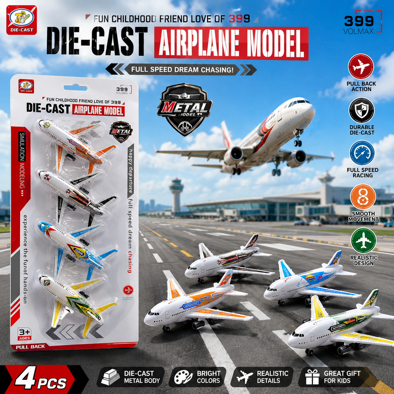 4 Piece Die-Cast Airplane Model Set for Kids
