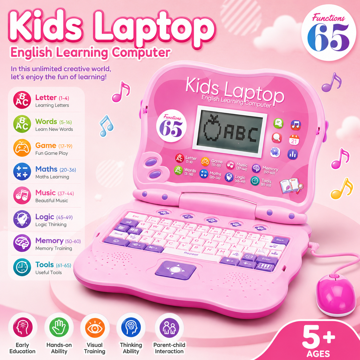 65-Function Musical Learning Laptop - Pink - for Kids