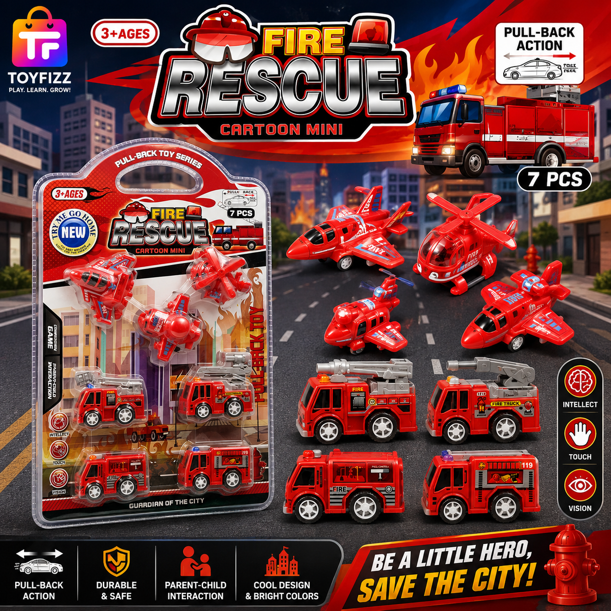 7 Piece Fire Rescue Vehicle Playset for Kids