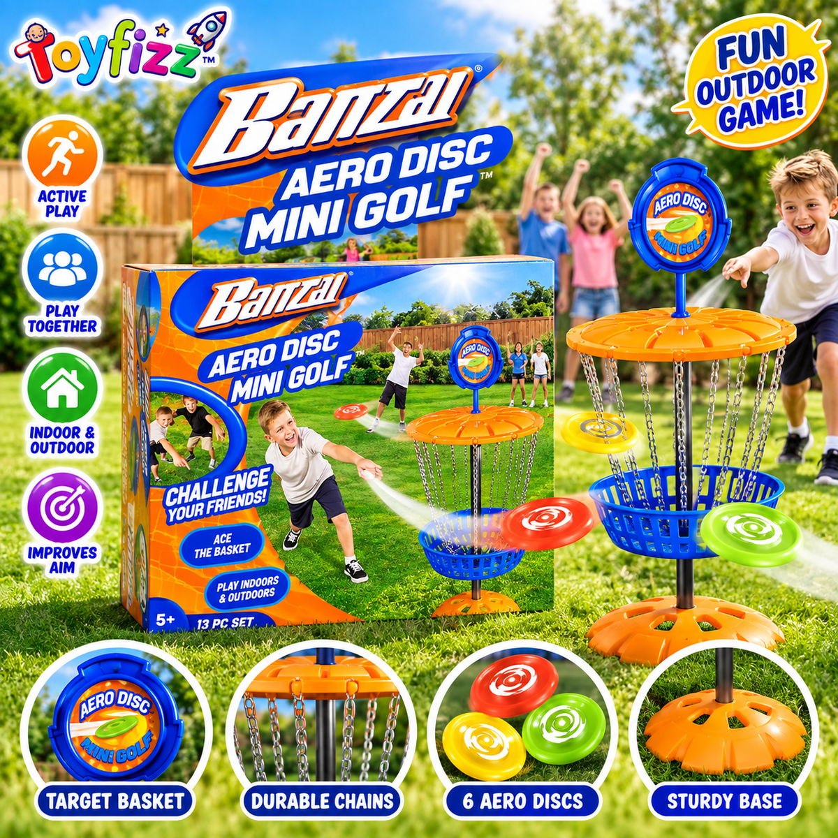 Banzai Aero Disc Mini Golf Game - 13 Piece Set - Ages 5+