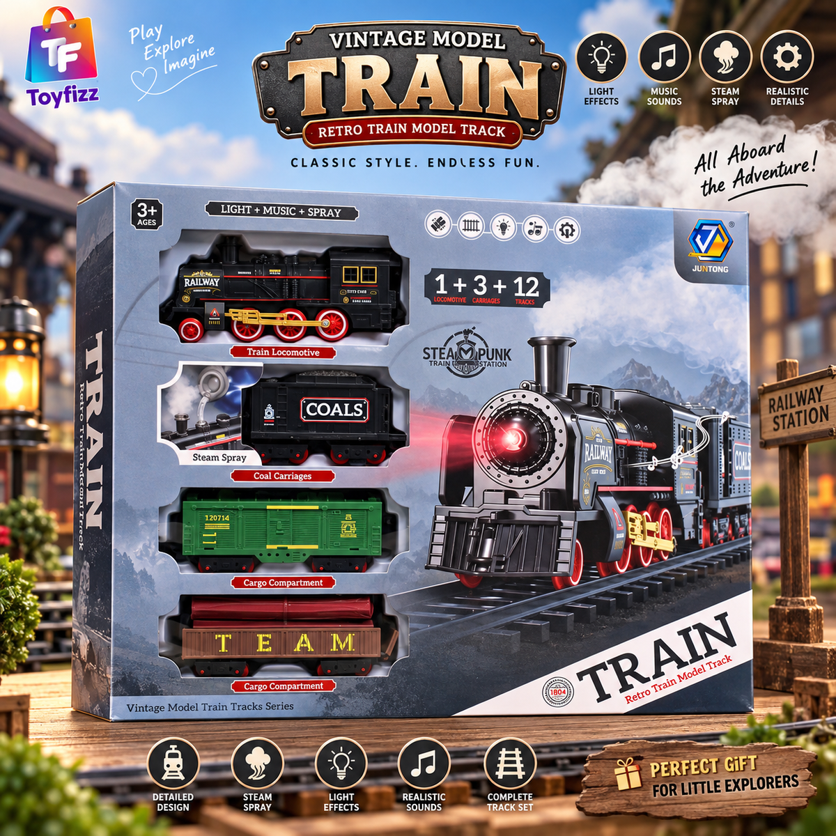Musical Cargo Train Track Set with Steam Spray - Ages 3+