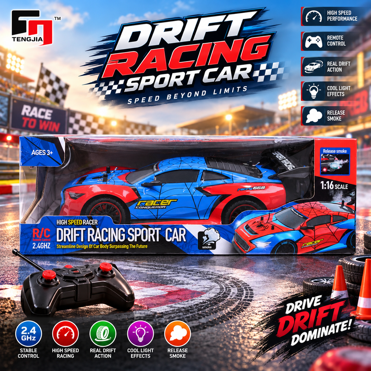 Remote Control Drift Racing Car 1:16 with Smoke Effect - Ages 3+