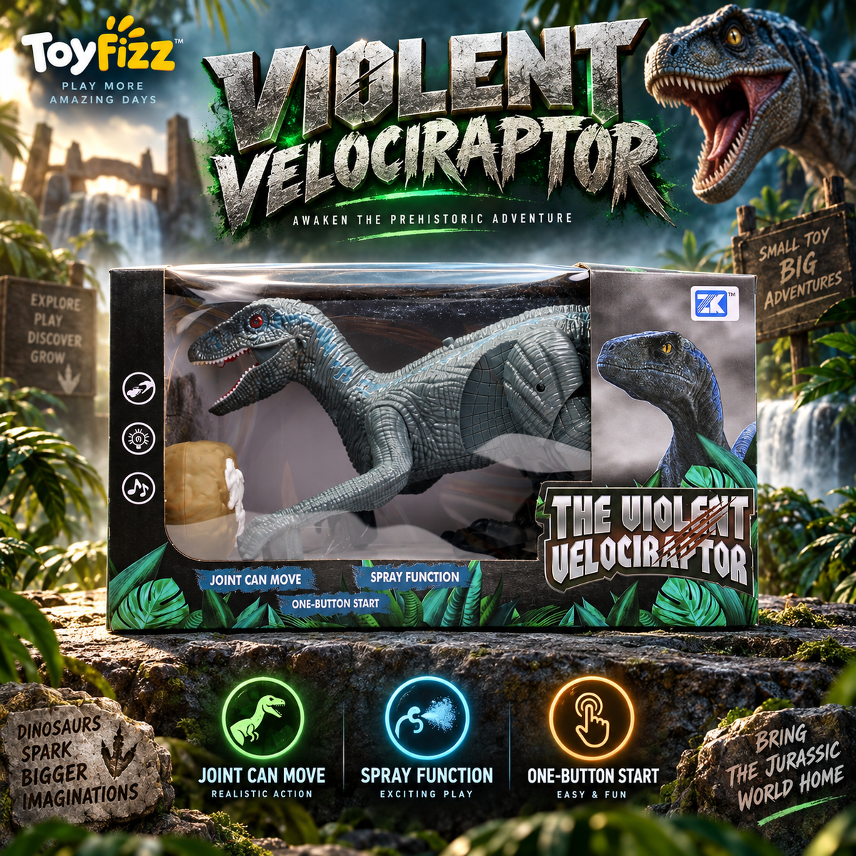 Remote Control Velociraptor Dinosaur 2.4G with Spray & USB Charging