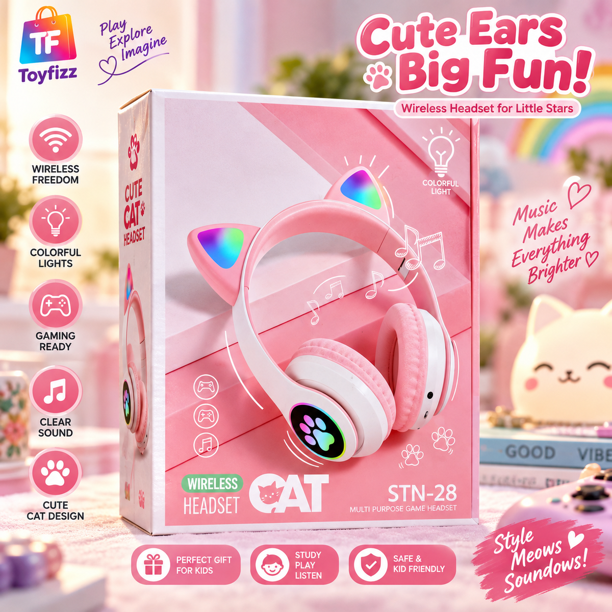 Wireless Cat-Ear Headphones with Colorful Lights