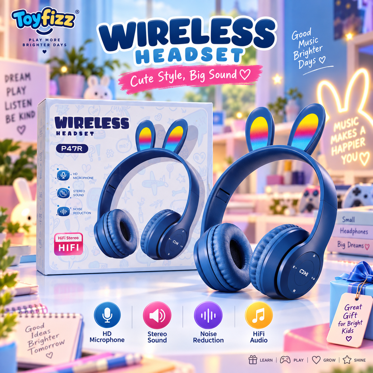 Wireless Bunny-Ear Headphones with Microphone