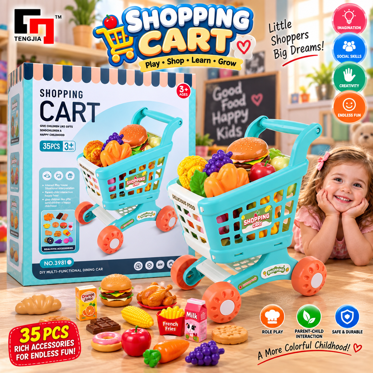Shopping Cart Pretend Play Set - Assorted Colors - 35 Pieces - Ages 3+