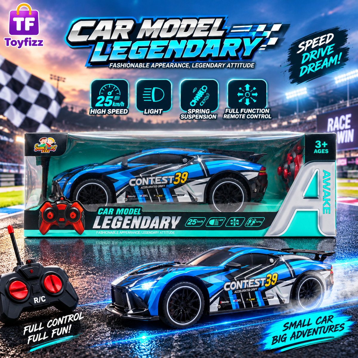 Remote Control High-Speed Sports Car 1:10 with USB Charging - Ages 3+