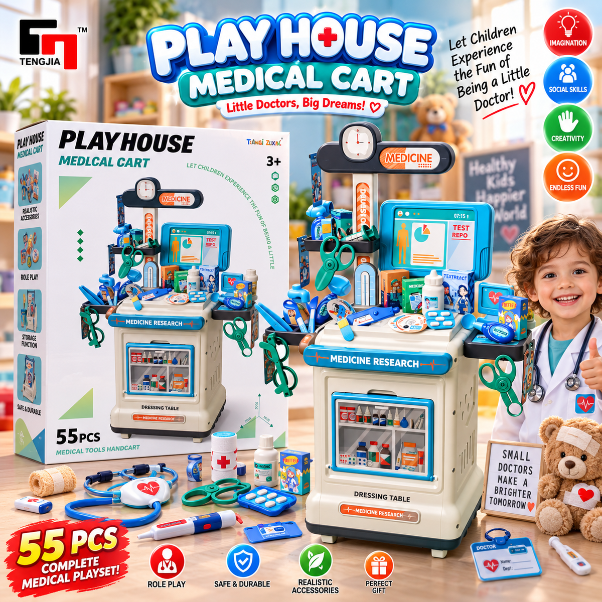 Medical Cart Doctor Playset - 55 Pieces - Ages 3+