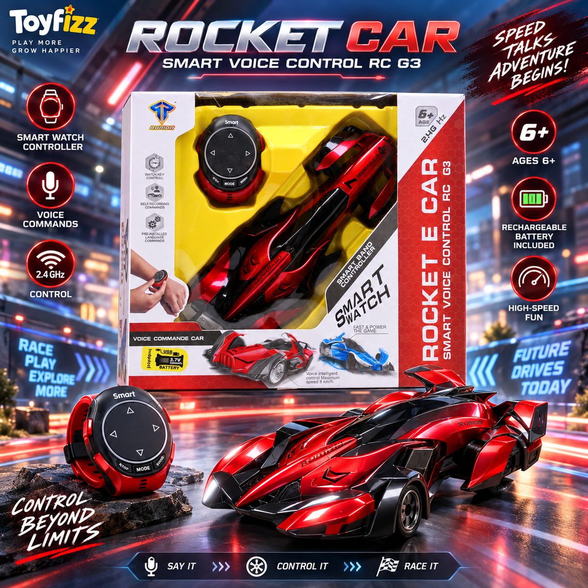 Smart Voice-Control Rocket Remote Control Car with USB Charging - Ages 6+