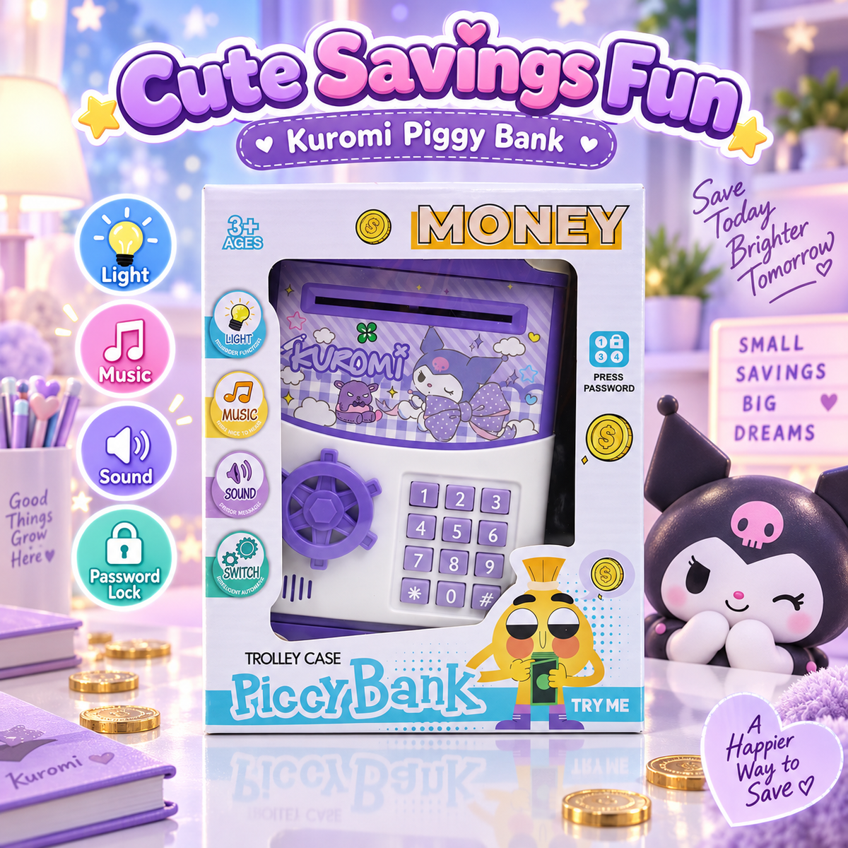 Kuromi Musical Electronic Piggy Bank Safe - Ages 3+
