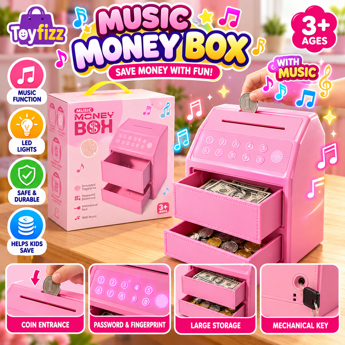 Children's Manual Money Saving Bank - Pink