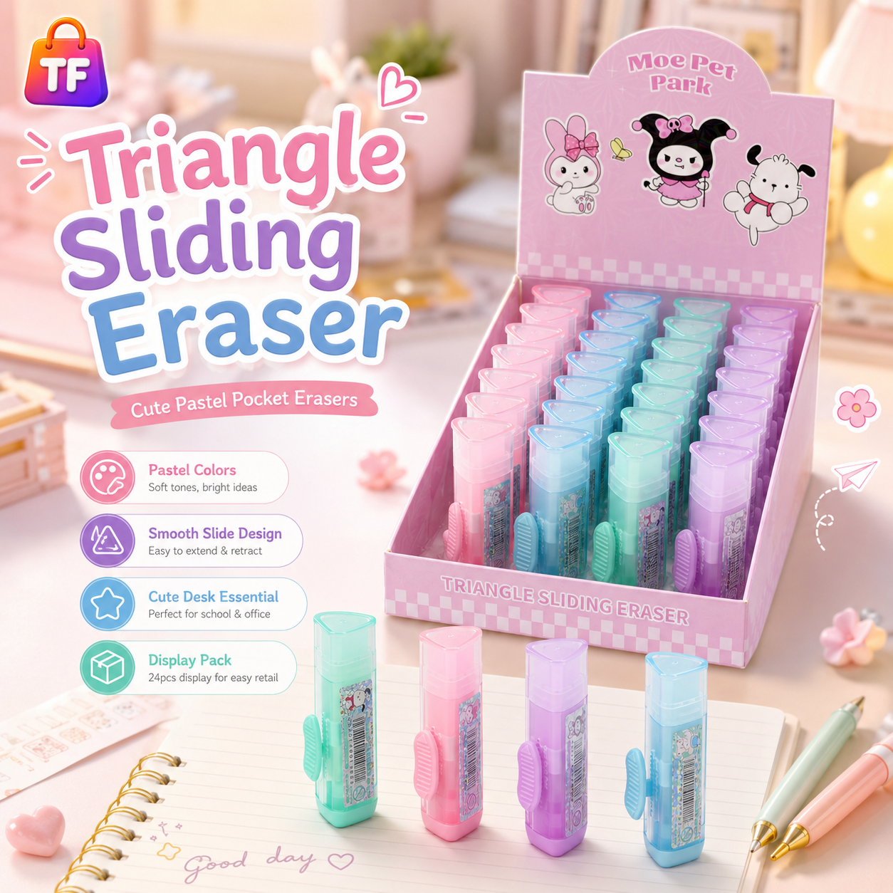 Cute Character Pencil Eraser Set - Assorted Colors - for Kids
