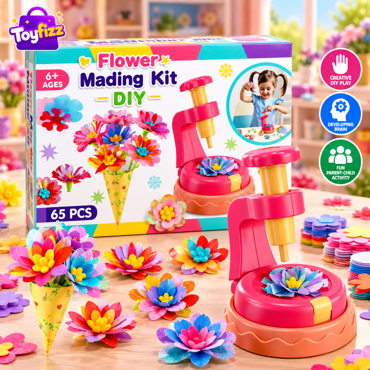 DIY Flower Making Craft Set - 65 Pieces - Ages 6+