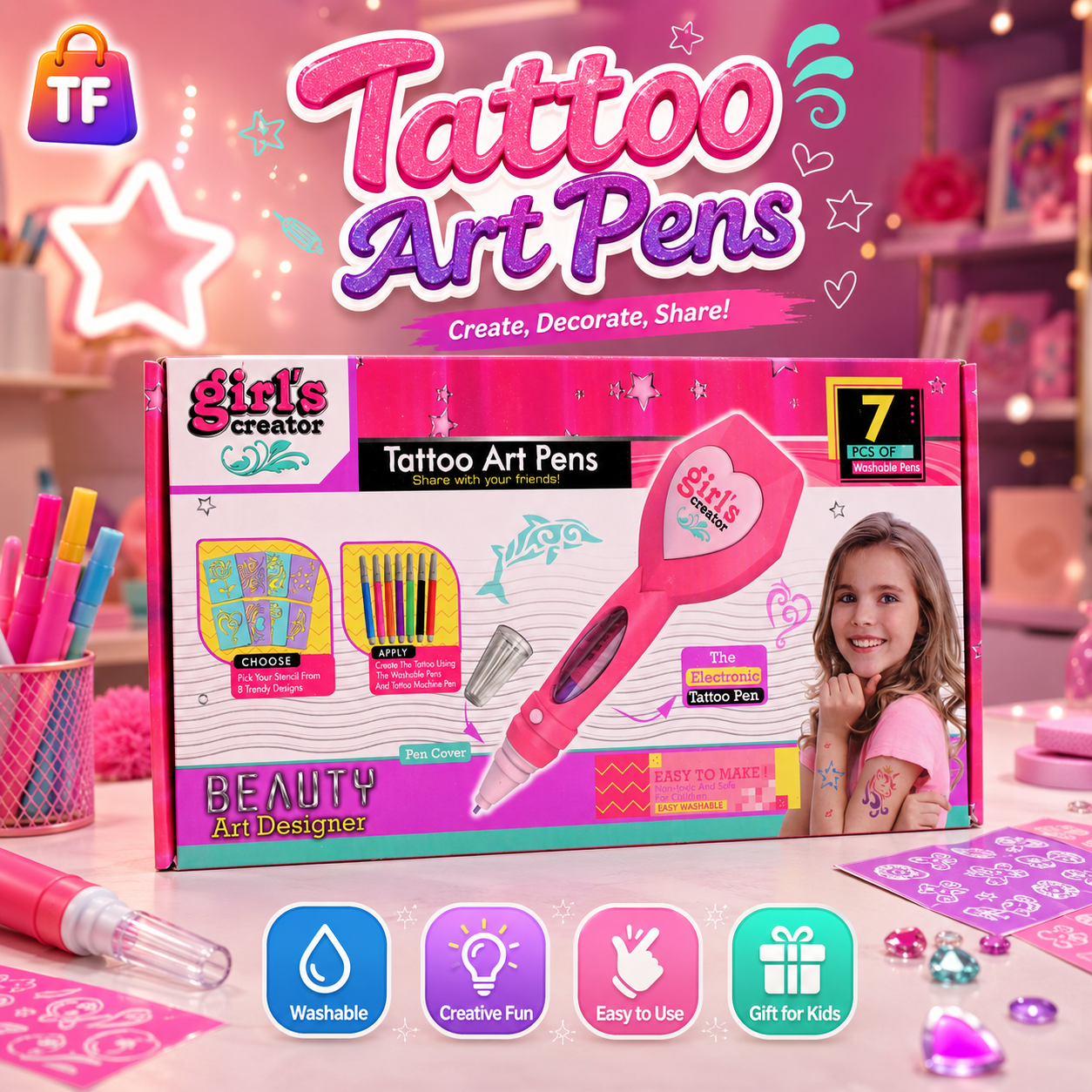 Girl's Creator Electronic Tattoo Art Pen Set - 7 Pens - Ages 5+