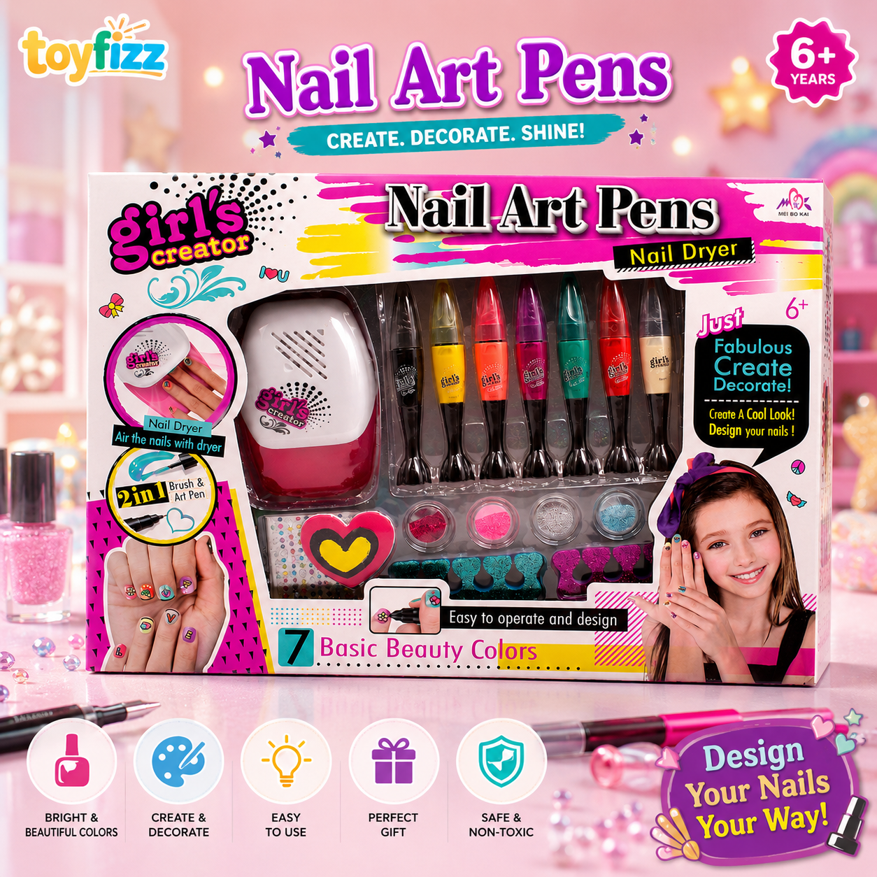 Girl's Creator Nail Art Pens and Nail Dryer Set - Ages 6+