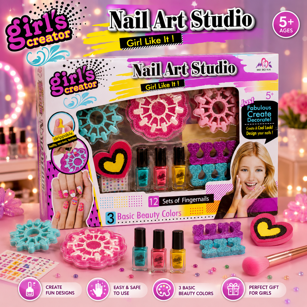 Girl's Creator Nail Art Studio with 12 Fingernail Sets - Ages 5+