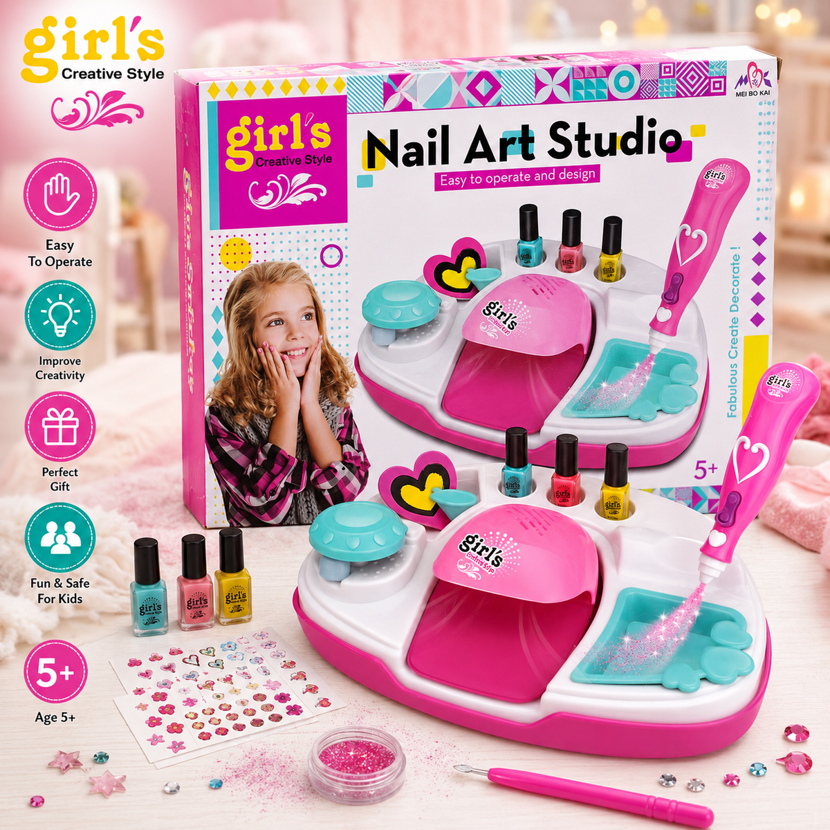 Girl's Creator Nail Art Studio with Nail Dryer - Ages 5+