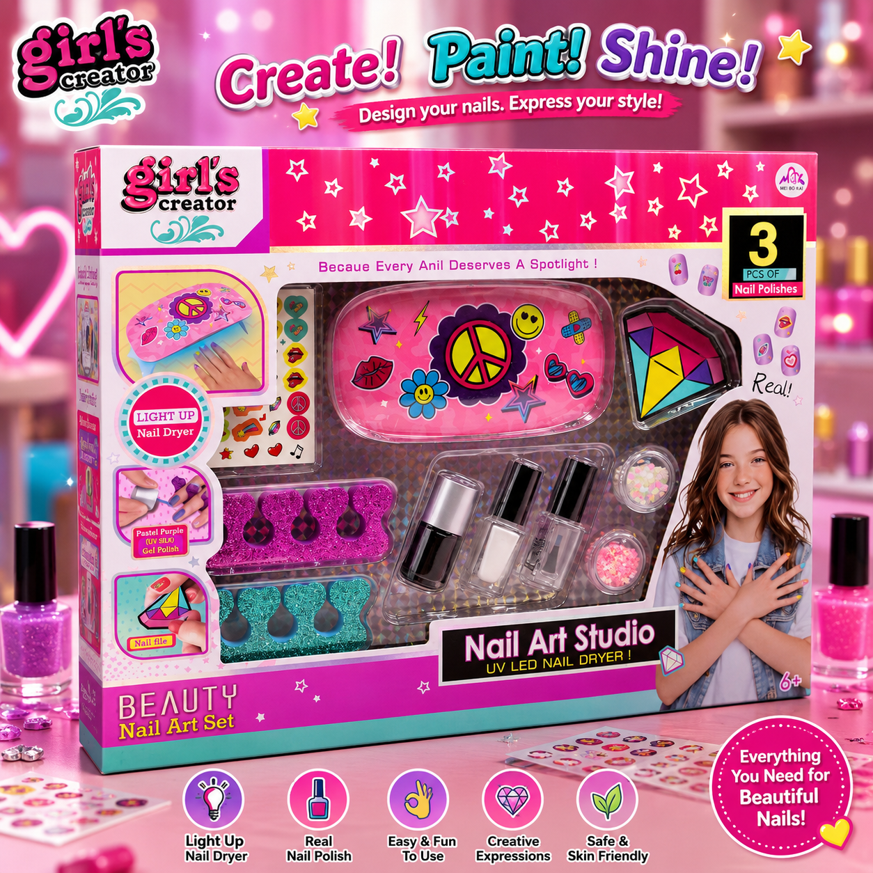 Girl's Creator Nail Art Studio with UV LED Nail Dryer - Ages 6+