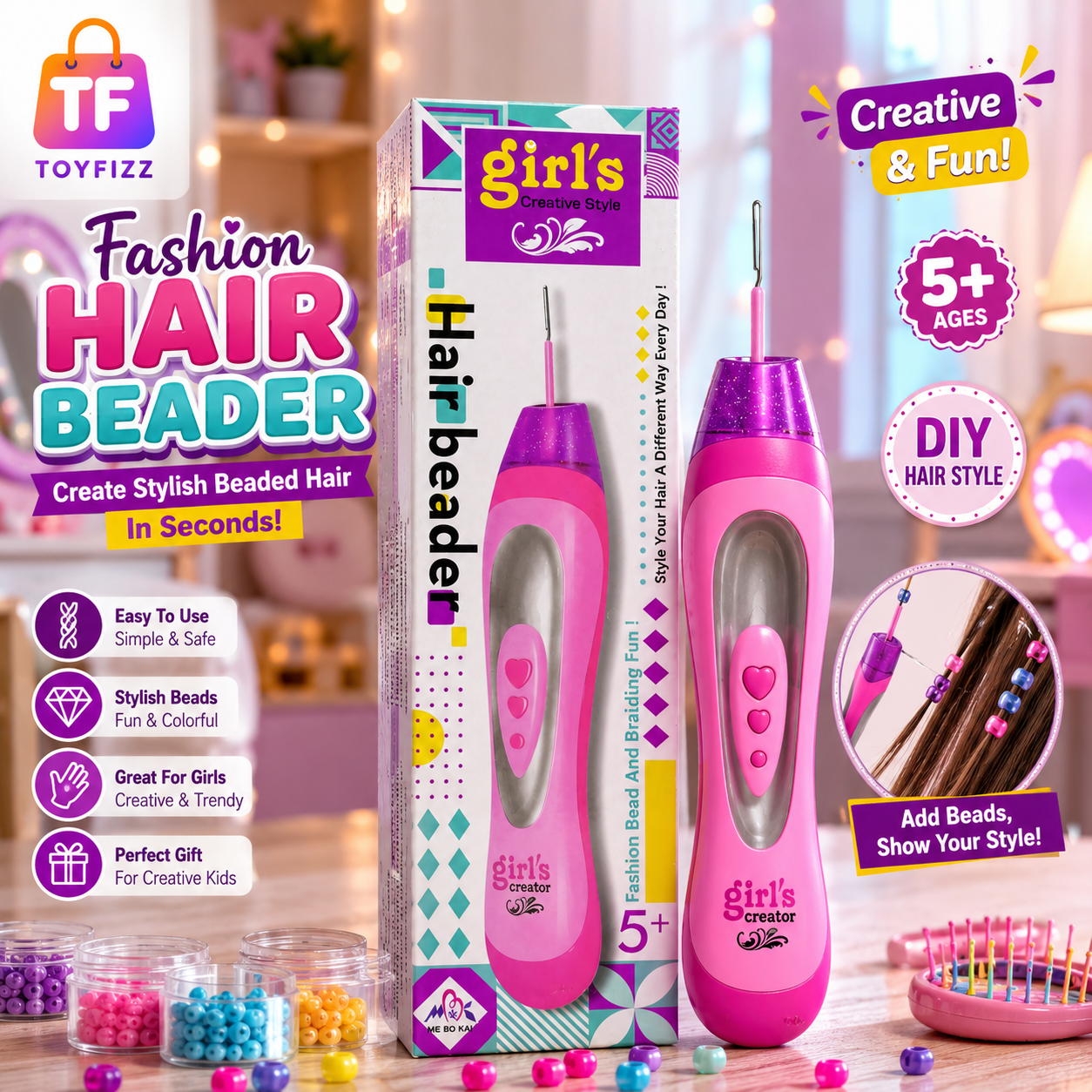 Girls Hair Beader Styling Tool Set for Kids