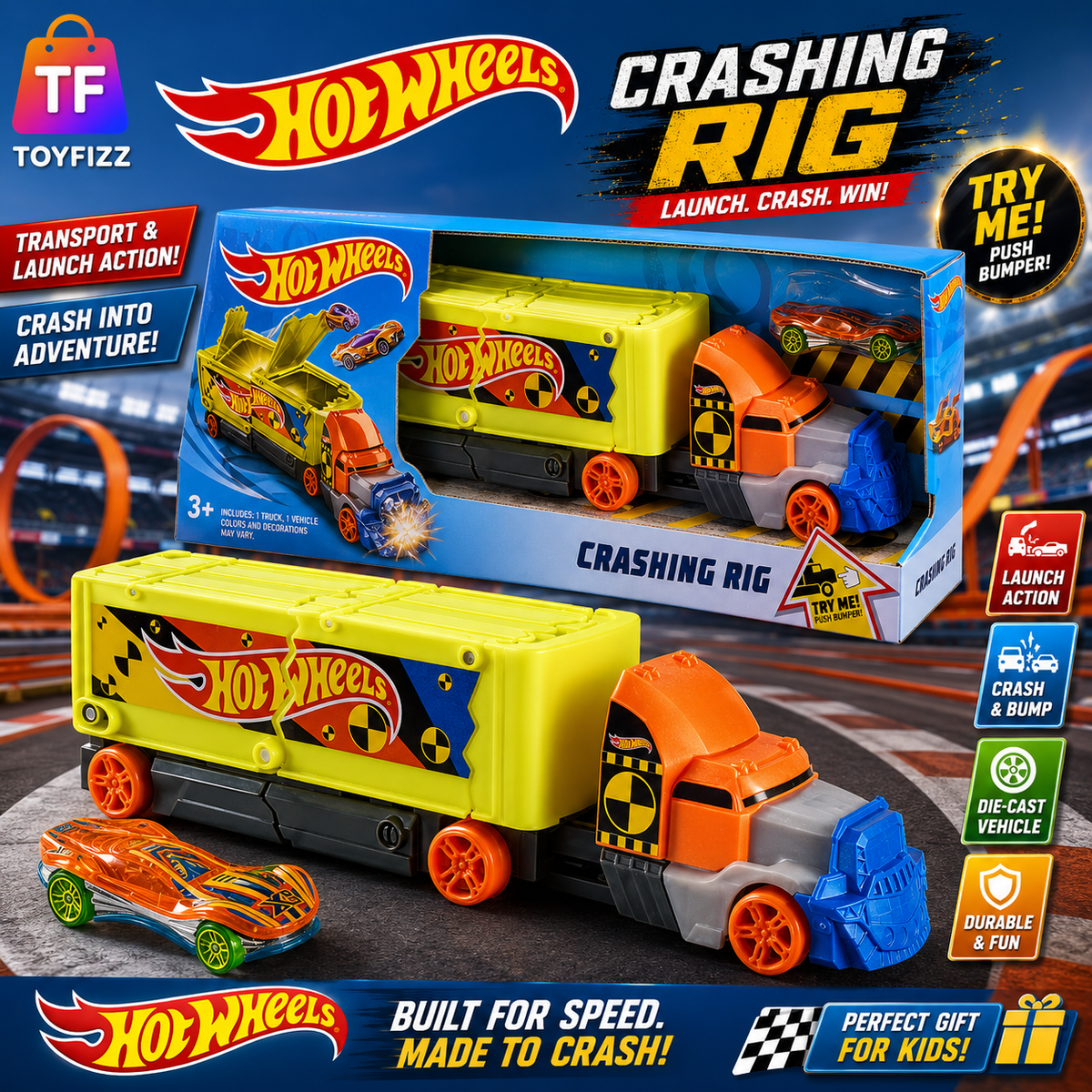 Hot Wheels Crashing Rig Jackknife Truck Playset with Cars