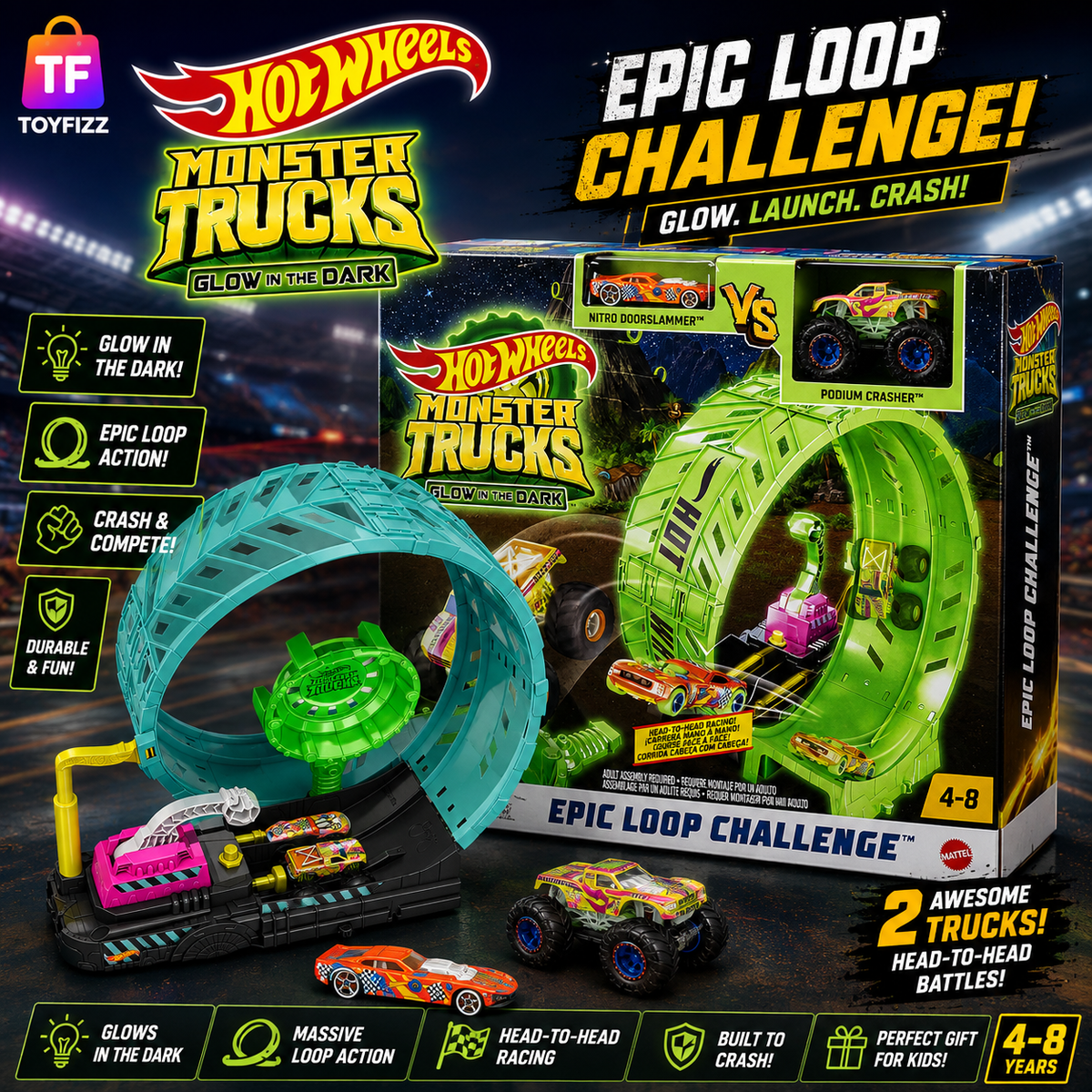 Hot Wheels Monster Trucks Glow in the Dark Epic Loop Challenge Playset