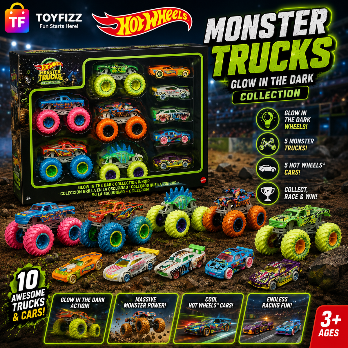 Hot Wheels Monster Trucks Glow in the Dark Vehicle Bundle