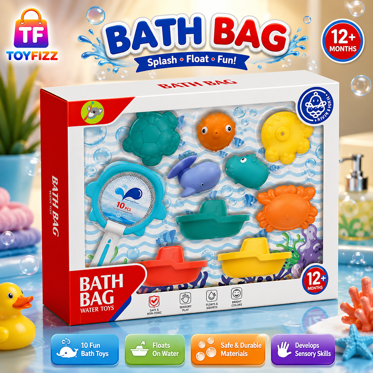 Huanger 10 Piece Animal Bath Toy Set - Ages 12M+