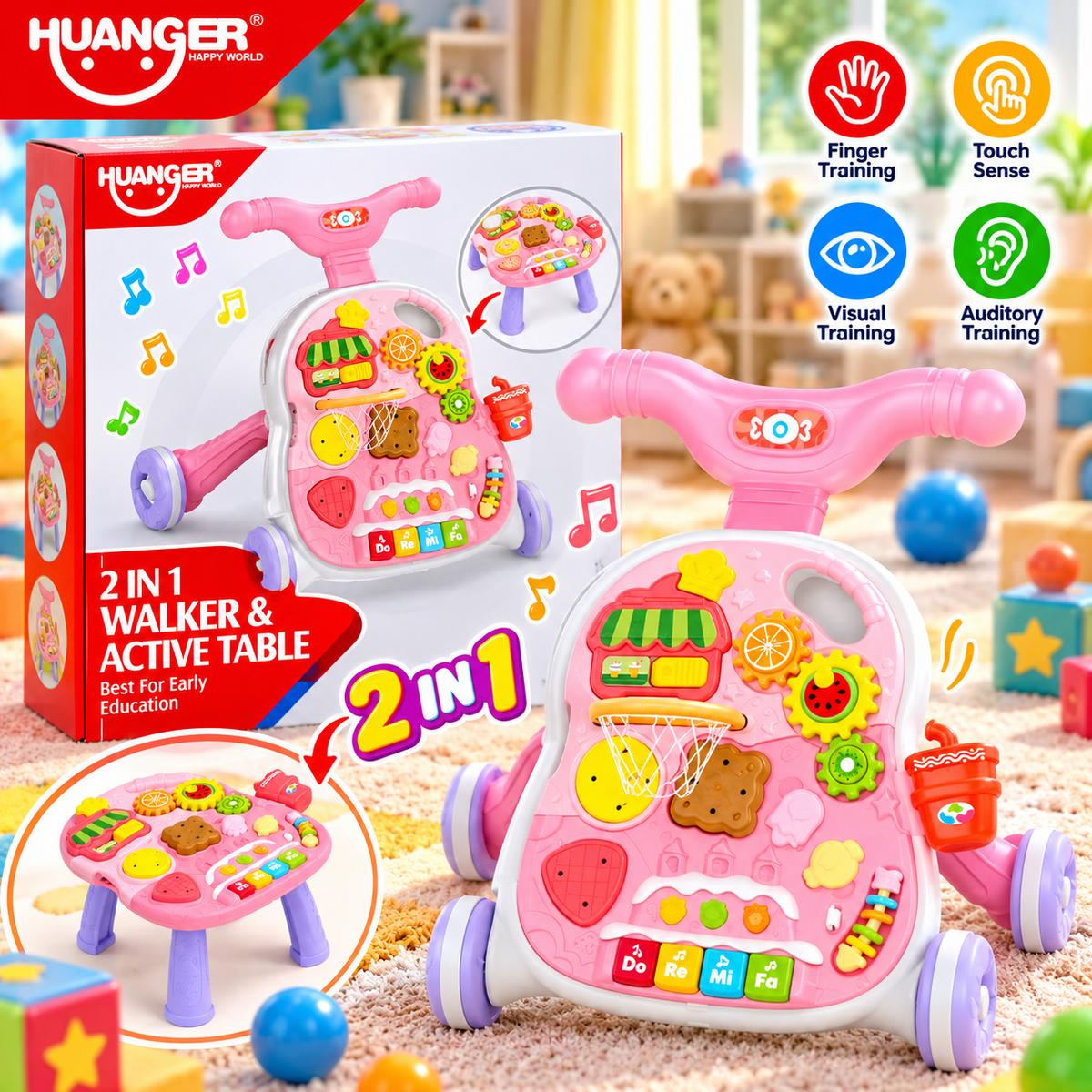 Huanger 2-in-1 Baby Walker & Activity Table - Pink - Ages 12M+