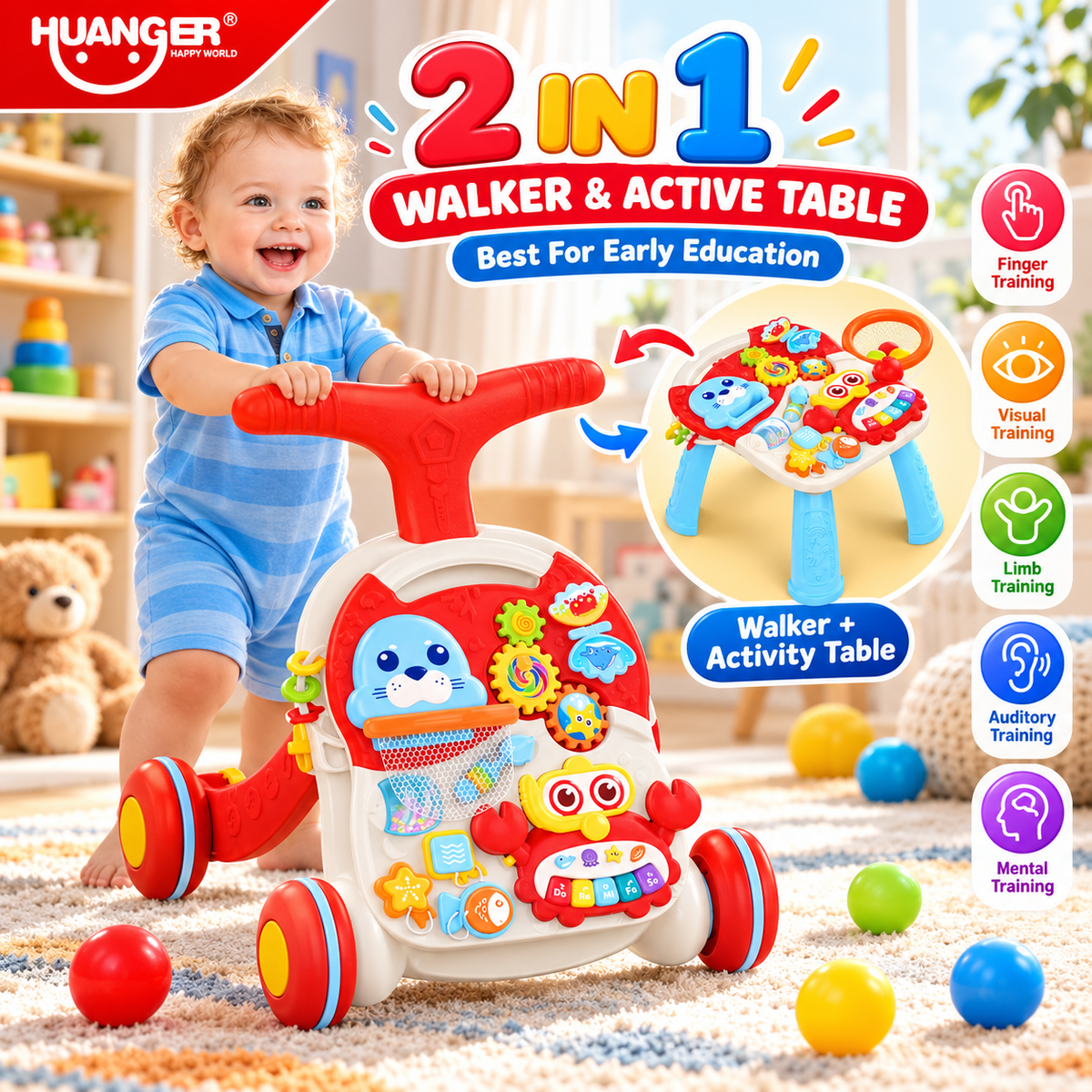 Huanger 2-in-1 Baby Walker & Activity Table - Red - Ages 12M+